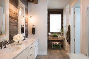 Shoreham Custom Home with Reclaimed wood in bathroom vanity built by Radiant Homes