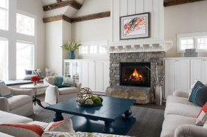 Large Stone Fireplace in Shoreham Reclaimed Coastal Custom Home Minnesota