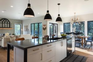 Black and White kitchen with Matte Black light fixtures in Custom Fargo, ND Home