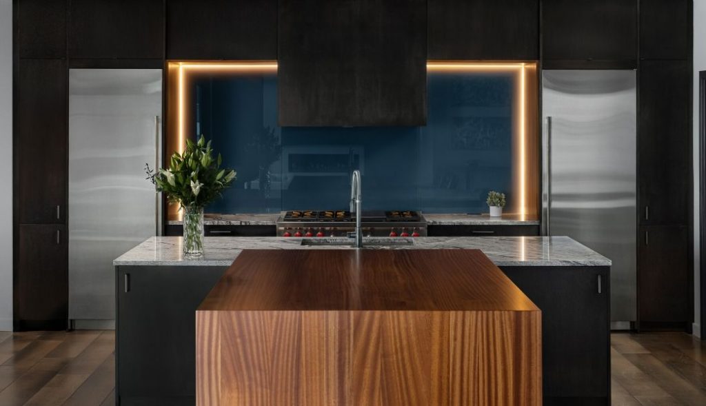 Custom built LED lit Backsplash in Modern Contemporary kitchen